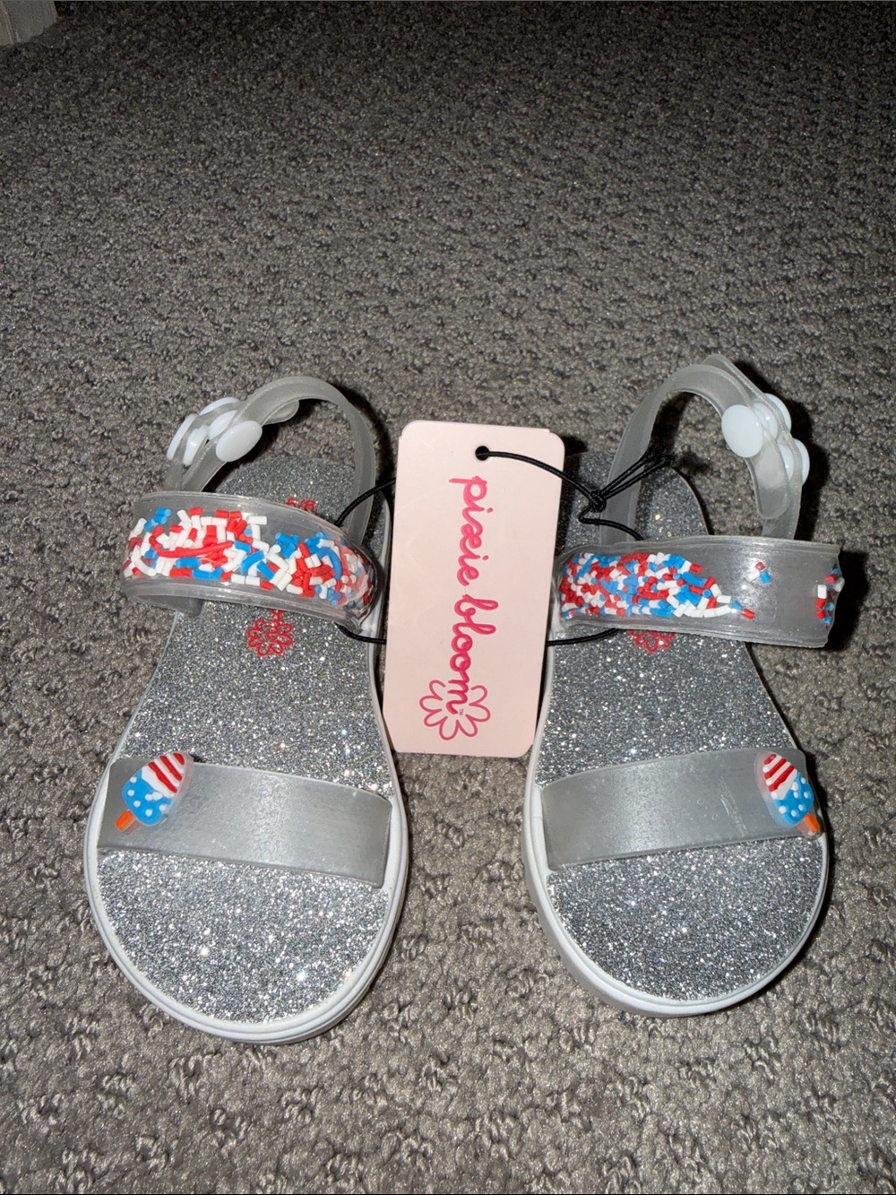 Kids' Silver Glitter Sandals with Red & Blue Sprinkles